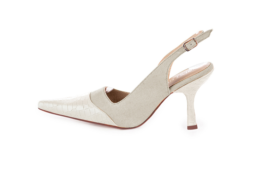 French elegance and refinement for these off white dress slingback shoes, 
                available in many subtle leather and colour combinations. For fans of a quirky "Rock" style pointed toe.
To be personalized or not with your materials and colors.  
                Matching clutches for parties, ceremonies and weddings.   
                You can customize these shoes to perfectly match your tastes or needs, and have a unique model.  
                Choice of leathers, colours, knots and heels. 
                Wide range of materials and shades carefully chosen.  
                Rich collection of flat, low, mid and high heels.  
                Small and large shoe sizes - Florence KOOIJMAN